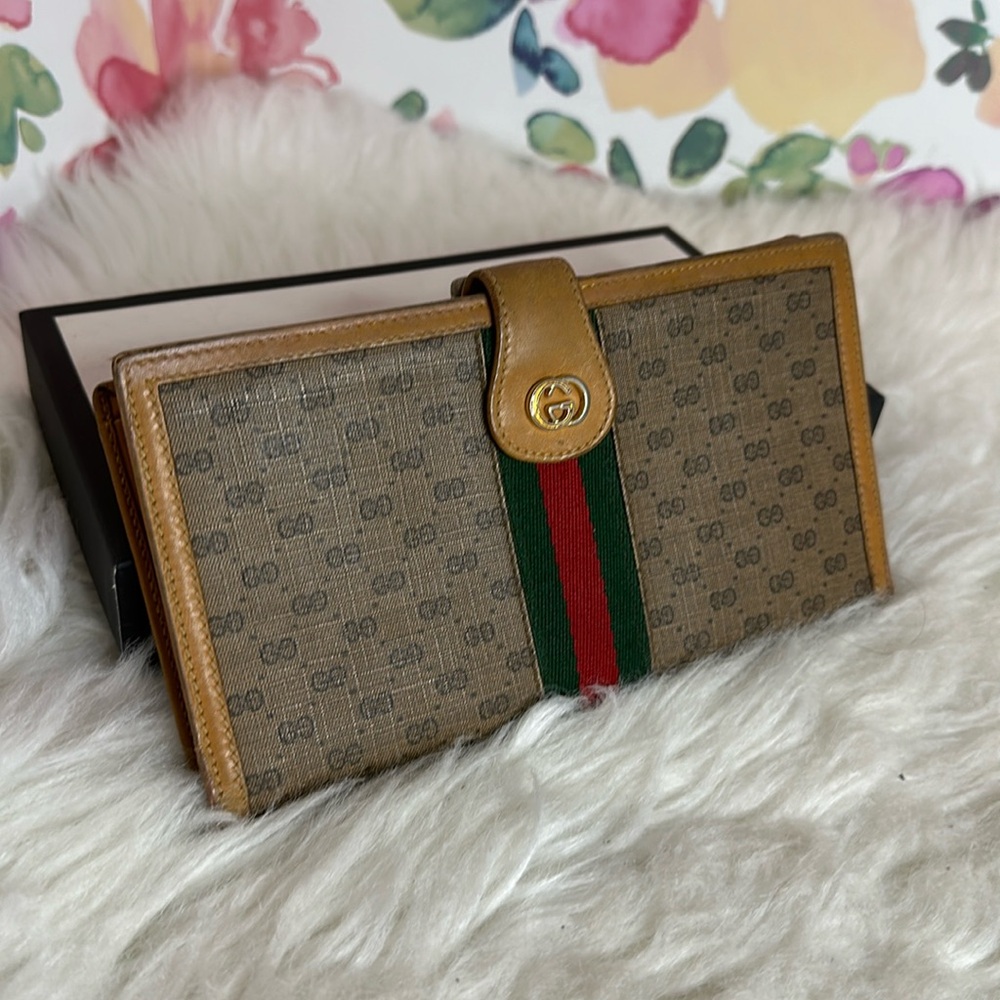 Vintage Gucci Micro GG Web Stripe Continental Wallet Tan Brown Leather